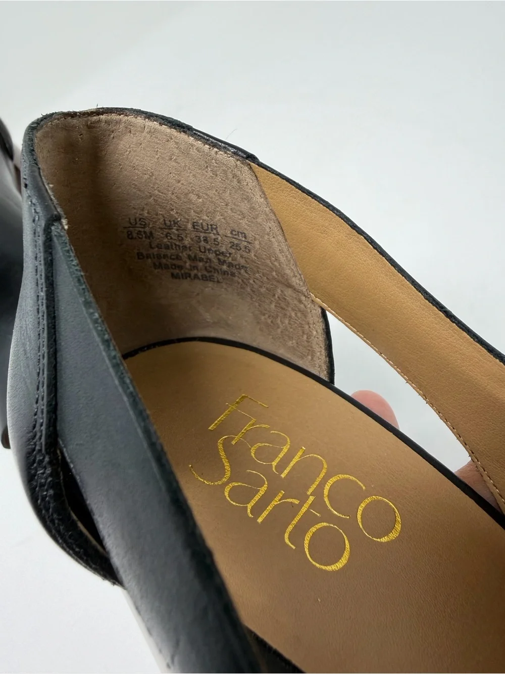 Franco Sarto Black Leather Open-Toe Block Heel Sandals with Gold Buckle Sz. 8.5